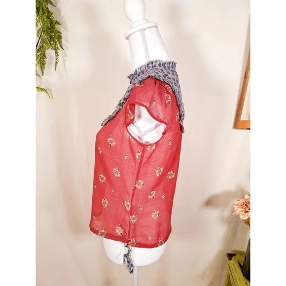 Free People Women's Flutter Sleeve Floral Blouse Medium Red - Picture 7 of 9